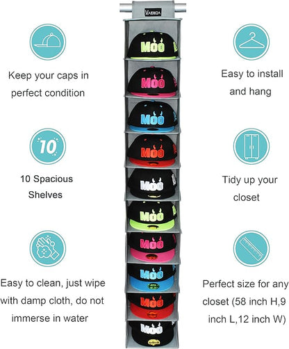 VAESIDA 10 Shelf Hat Rack Hanging Closet/Organizer for Storage - Best Baseball Cap Holder, Gray