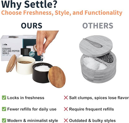 Set of 2 Salt and Pepper Bowls for Countertop - Modern Ceramic Salt Cellar with Lid Set - Minimalist Salt Containers for Fresh Spices - Stylish and Functional Salt Storage for Any Kitchen