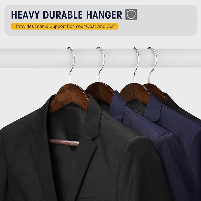 Wooden Coat Hangers - Wide Shoulder Hangers with Non Slip Pants Holder, Heavy Duty, for Men, Women, Suit, Coat, Jacket, Pants (Walnut, 10 Pack)