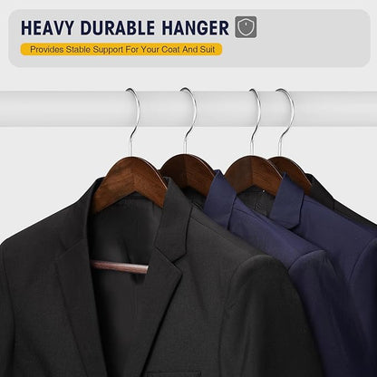 Wooden Coat Hangers - Wide Shoulder Hangers with Non Slip Pants Holder, Heavy Duty, for Men, Women, Suit, Coat, Jacket, Pants (Walnut, 10 Pack)