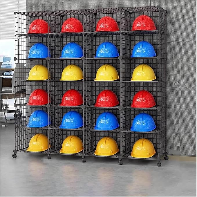 Stackable Safety Helmet Storage Boxes, Large Adjustable Hard Hat Placement Organizer Rack with Wheels for Construction Site/Garage/Workshop/Factory Helmet Display Shelf (4 * 6)