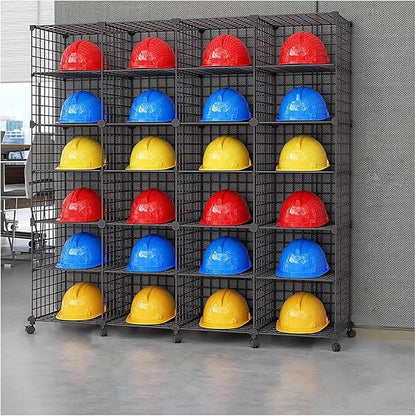 Stackable Safety Helmet Storage Boxes, Large Adjustable Hard Hat Placement Organizer Rack with Wheels for Construction Site/Garage/Workshop/Factory Helmet Display Shelf (4 * 6)