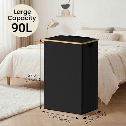 efluky Slim Laundry Basket with Lid, Narrow Laundry Hamper with Removable Bag, Skinny Dirty Clothes Basket with Bamboo Handles for Bathroom, Bedroom & Laundry Room, 90L Black