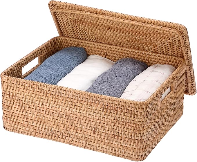 Hipiwe Handwoven Rattan Basket with Lid Decorative Shelf Basket Bin with Handle Rectangular Wicker Storage Box for Home Organizing, 17" x 13" x 6.7"