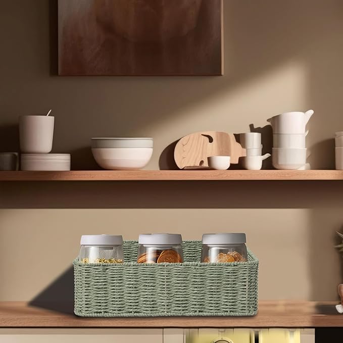 Drawer basket Handwoven Paper Rope Rectangular Shallow Basket Storage-15.35X12.01X4.72 Inches (Green)