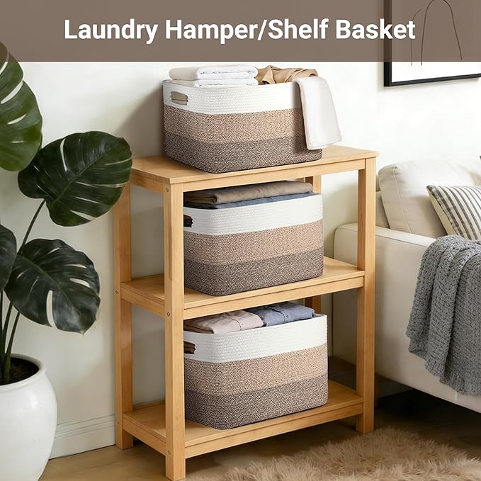 75L Large Woven Storage Basket, Cotton Rope Laundry Hamper with Handles, 22”x17”x12” Rectangle Blanket Basket for Toys, Clothes, Pillows, Nursery and Living Room, Gradient Brown/White