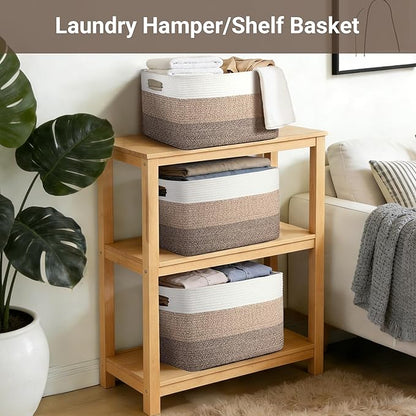 75L Large Woven Storage Basket, Cotton Rope Laundry Hamper with Handles, 22”x17”x12” Rectangle Blanket Basket for Toys, Clothes, Pillows, Nursery and Living Room, Gradient Brown/White