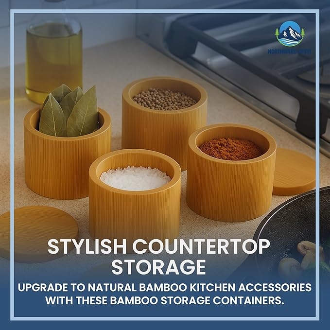 Bamboo Salt Containers with Magnetic Swivel Lids – 4Pcs Round Wooden Spice Storage Containers for Salt, Herbs, Flaky Salt & Seasonings Kitchen Countertop Storage
