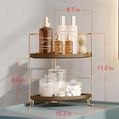 FSyueyun 2-Tier Corner Bathroom Counter Organizer, Tool-Less Installation Corner Vanity Organizer Small Plastics Countertop Makeup Tray Skincare Perfume Organizers (Gold & Brown)