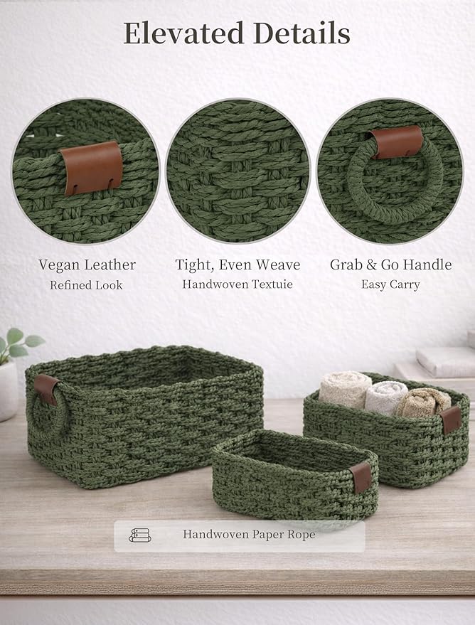Storage Basket, Recycled Paper Rope Bathroom Basket Organizer, 3Pcs Small Baskets for Organizing, Mini wicker Basket for Decorative Storage Bins, Shelves, Bathroom, Cabinet - Green