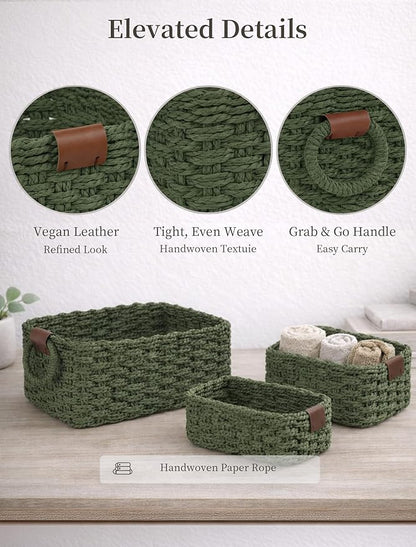 Storage Basket, Recycled Paper Rope Bathroom Basket Organizer, 3Pcs Small Baskets for Organizing, Mini wicker Basket for Decorative Storage Bins, Shelves, Bathroom, Cabinet - Green