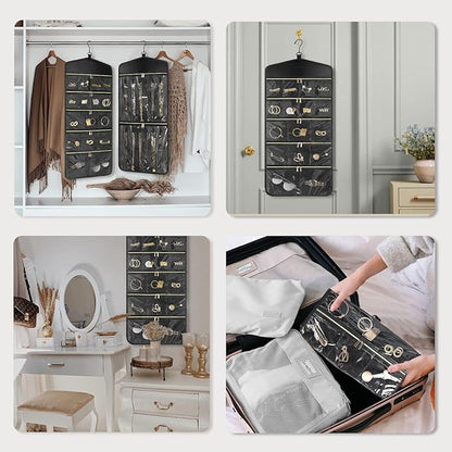 CHICECO Travel Jewelry Holder Organizer,Hanging Jewelry Organizer Storage With Zippered Pockets for Cloest,Wall,Door,Jewelry Holder for Earrings, Necklaces（Upgrade Black）