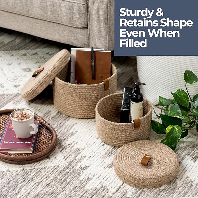 DENJA & CO Set of 2 Decorative Storage Baskets with Lids - Round Woven Baskets for Home Decor and Organizing - Small Shelf Baskets with Leather Tabs and Handles - Decorative Storage and Organizer Bins