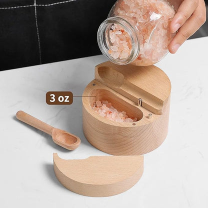Wooden Divided Salt Cellar With Lid And Spoon,Salt Box With 2 Compartment,Salt container with Magnetic Swivel lid, Beech Wood