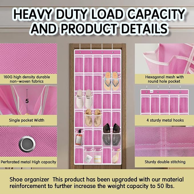 Kotkn Over the Door Shoe Organizer with 30 Breathable Mesh Pockets - Large Capacity Closet Storage for Men & Women, Hanging Shoe Rack Organizer (Pink)