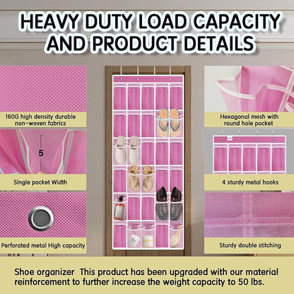 Kotkn Over the Door Shoe Organizer with 30 Breathable Mesh Pockets - Large Capacity Closet Storage for Men & Women, Hanging Shoe Rack Organizer (Pink)
