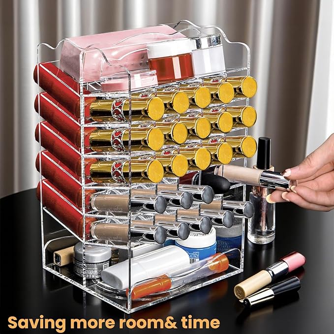 Tlence 54 Slots Acrylic Rotating Lipstick Organizer, 7 Tier Spinning Lipgloss Tower Holder, Clear Cosmetic Display Case, Rotable Lip Stick Display Rack Stand for Lip Gloss, Makeup Accessory, Lip Balm