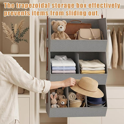 3-Tier Hanging Closet Organizer, Extra Large Fabric Closet Shelves with Zipper, Foldable Closet Storage Organizer for Clothes, Handbags, Socks, Underwear, Dorm Room and RV, Grey - 2 Pack