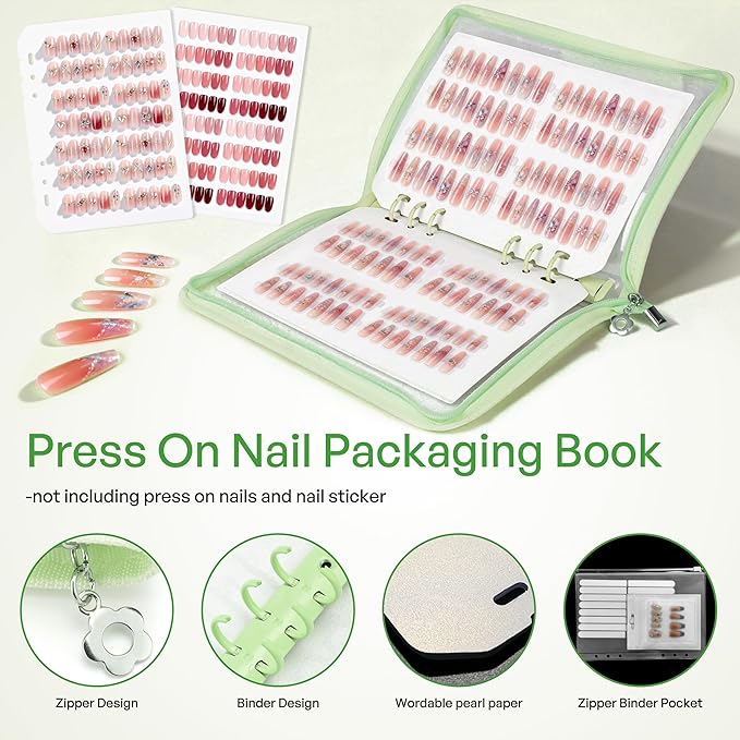 18PCS Press On Nail Organizer Clear Empty Press on Nail Packaging Set with 8 Insert Pages,8 nail double tape and 1 Zipper Pocket for Fake Nail Storage Nail Art Salon (green)