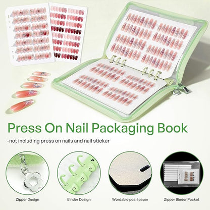 18PCS Press On Nail Organizer Clear Empty Press on Nail Packaging Set with 8 Insert Pages,8 nail double tape and 1 Zipper Pocket for Fake Nail Storage Nail Art Salon (green)