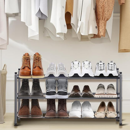 Easi 3-Tier Expandable Shoe Rack for Closet & Entryway, Adjustable 18"-33" Stackable Metal Shoe Organizer, Sturdy Free Standing Shoe Shelf for Small Space, Front Door, Cabinet