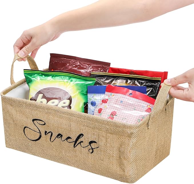 DEAYOU 2 Pack Snack Organizer for Pantry, Burlap Snack Storage Bins with 30 Pcs Bag Clips, Foldable Basket Containers with Handle for Countertop, Kitchen, Office, Chips, Popcorn, Candy, Pretzels