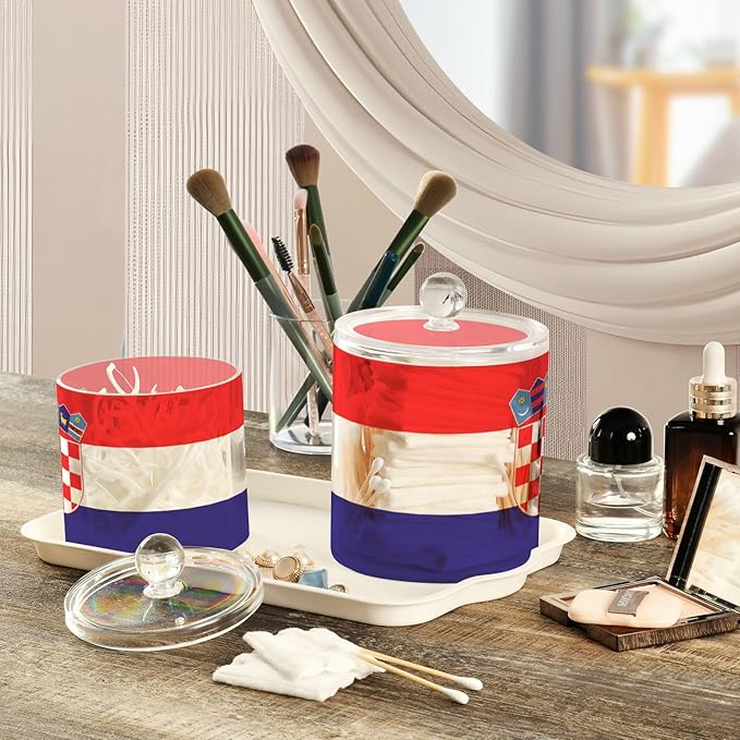 DOMIKING Croatia Flag 2 Pack Bathroom Canisters Cotton Swab Holder Dispenser Plastic Cotton Ball Jar Acrylic Storage Containers for Cotton Ball Cotton Swab Cotton Round Pads