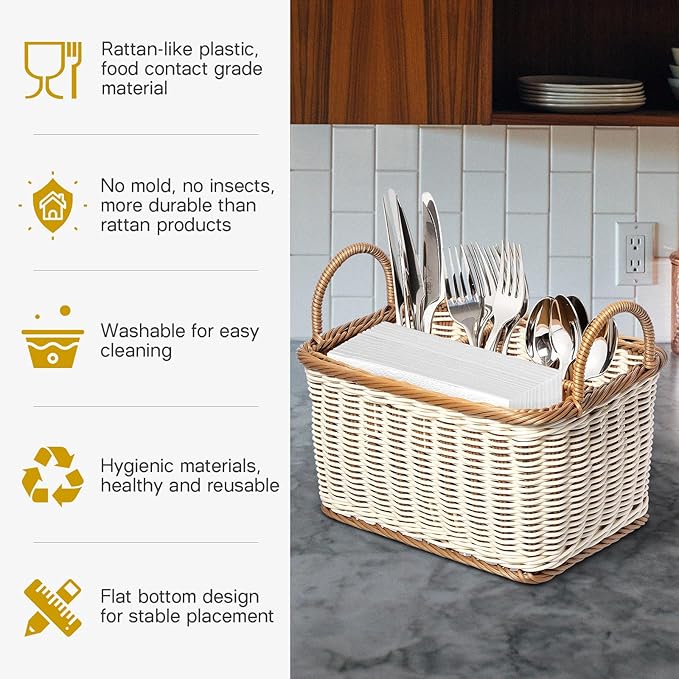 Hemoton Cutlery Storage Organizer Basket, Hand Woven Utensil Holder, Silverware, Tote Bin Basket for Kitchen Table, Cabinet, Holds Forks, Knives, Spoons, Napkins, Pens, Indoor or Outdoor Use