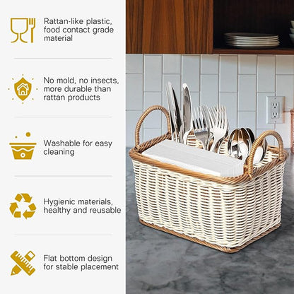 Hemoton Cutlery Storage Organizer Basket, Hand Woven Utensil Holder, Silverware, Tote Bin Basket for Kitchen Table, Cabinet, Holds Forks, Knives, Spoons, Napkins, Pens, Indoor or Outdoor Use