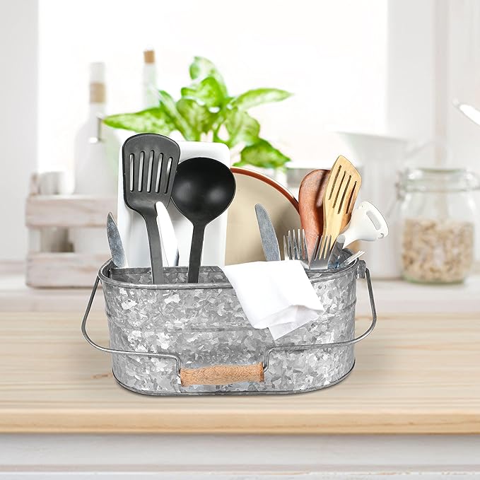 Light & Pro Multipurpose Galvanized Rustic Farmhouse Caddy - Metal 4 Compartment Storage Bin Caddy With Wooden Handle Perfect For Kitchen Utensils, Picnic, Garden Planter - Hammered - Antique Grey