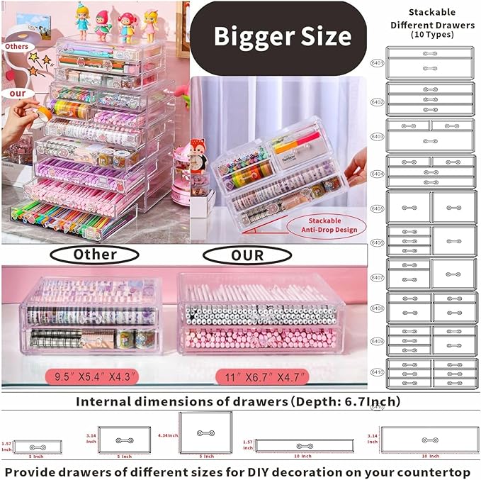 Cq acrylic 1 Pack Clear Acrylic Drawer Organizer Countertop,Stackable 3 Drawers Makeup Storage,Cute Cube Make Up Organizer for Dresser Hair Clip,Beauty Product Desk and Bathroom Organizers and Storage