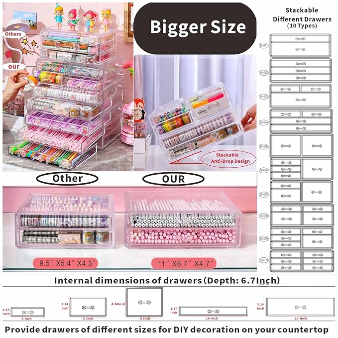 Cq acrylic 1 Pack Clear Acrylic Drawer Organizer Countertop,Stackable 6 Drawers Makeup Storage,Cute Cube Make Up Organizer for Dresser Hair Clip,Beauty Product Desk and Bathroom Organizers and Storage