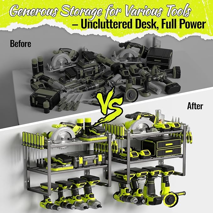 Power Tool Organizer Wall Mount 2 Pack, 4 Drill Holder, Garage Tool Storage and Organization Rack, Heavy Duty Wall Mounted Cordless Drill Organizer, Compatible with Ryobi Tools