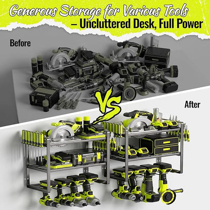 Power Tool Organizer Wall Mount 2 Pack, 4 Drill Holder, Garage Tool Storage and Organization Rack, Heavy Duty Wall Mounted Cordless Drill Organizer, Compatible with Ryobi Tools