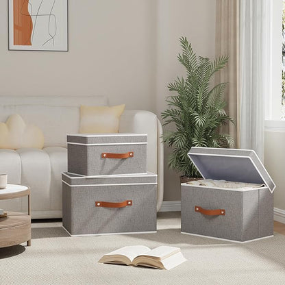 Storage Basket with Lid, Linen Foldable Storage Bin, Closet Organizer Box with Double Handles for Bedroom Corners, Grey, 1 Pack, 13 x 9.1 x 7.9 Inch