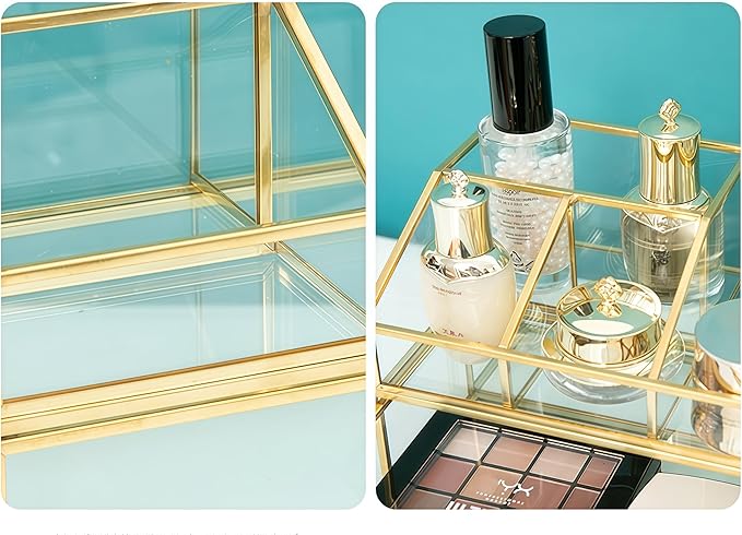 JIARI Glass Makeup Organizer with Drawer, Gold Frame Jewelry Display Box, Nordic Style Cosmetic Storage for Vanity Bathroom Bedroom Office, 9.44x5.43x4.92 Inches (Storage Box-2 Tier)