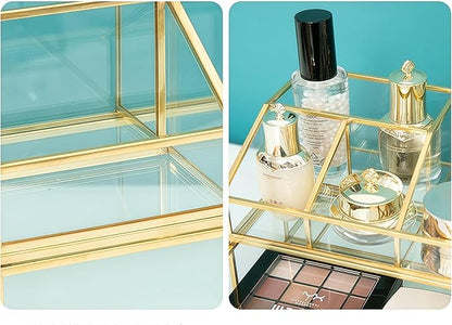 JIARI Glass Makeup Organizer with Drawer, Gold Frame Jewelry Display Box, Nordic Style Cosmetic Storage for Vanity Bathroom Bedroom Office, 9.44x5.43x4.92 Inches (Storage Box-2 Tier)