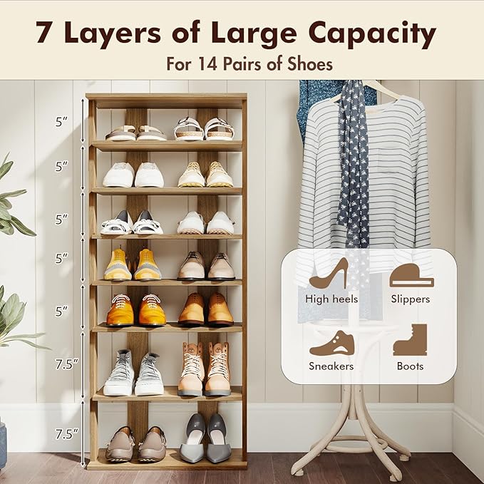 GOFLAME 7-Tier Tall Shoe Rack, Patented Freestanding Shoe Shelf Storage Organizer for 14 Pairs of Shoes, Space-Saving Vertical Shoe Stand for Entryway, Closet, Living Room, Natural