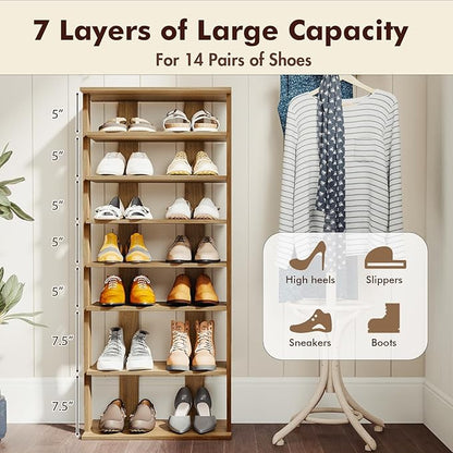 GOFLAME 7-Tier Tall Shoe Rack, Patented Freestanding Shoe Shelf Storage Organizer for 14 Pairs of Shoes, Space-Saving Vertical Shoe Stand for Entryway, Closet, Living Room, Natural