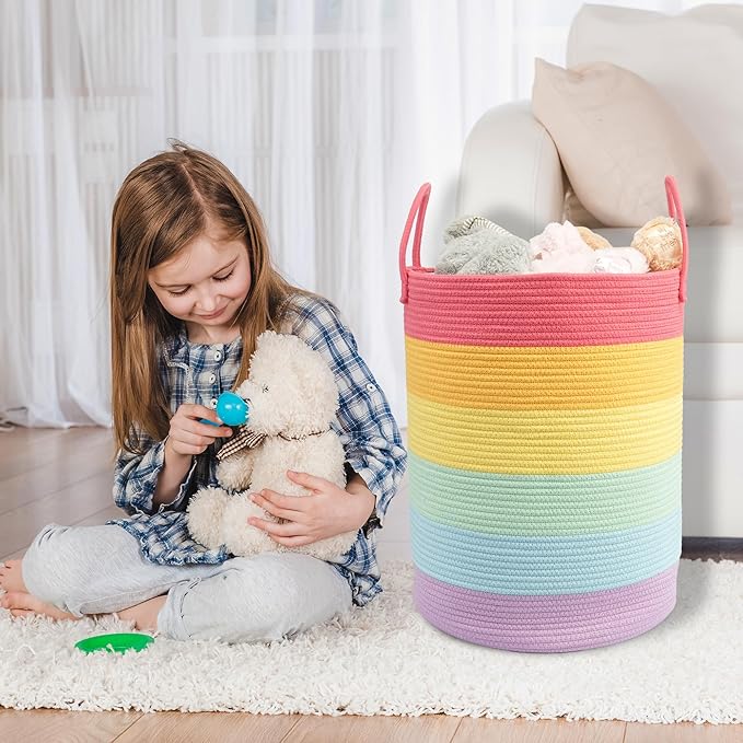 Woven Cotton Rope Laundry basket-15”X20” Laundry Hamper-Rope Storage Basket for Dirty Clothes, Toys and Blankets Perfect for Bathroom, Baby nursery and Living Room Storage (rainbow)