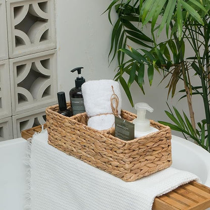 KOKODO Pack of 2 Water Hyacinth Tank Topper Storage Baskets 3 sections Woven Wicker Basket for Toilet Paper Holder, Baskets for Vanity, Bathroom, Pantry Organizing, or Coffee Table Decor
