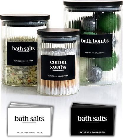 Mason & Fable 3x Ribbed Glass Bathroom Jars with Airtight Black Bamboo Lids | Cotton Pad/Buds/Q tip Holder | Bath Salt/Small Makeup/Apothecary Storage Canister- 10, 20 & 40 fl.oz