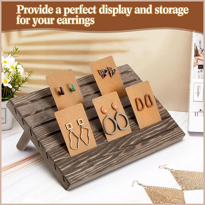 Marsui 62 Pcs Wood Earring Display Stand Earring Card Display 2 Sets of Holder with Cards Jewelry Stands for Selling