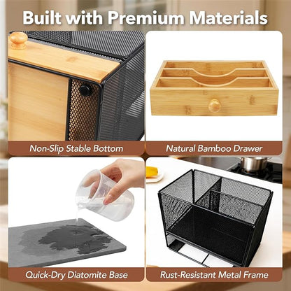 Kitchen Utensil Holder Countertop, Extra Large Utensil Organizer with Drawer, 2-In-1 Utensil & Silverware Holder for Countertop, Kitchen Organizer for Cookware Spatula, with Quick Dry Diatomite Base