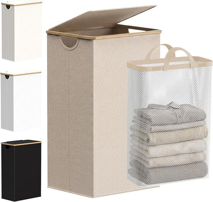 efluky 26 Gal Laundry Basket with Lid and Net Bag, Tall Laundry Hamper with Bamboo Handles, Aesthetic Dirty Clothes Bin for Laundry Room, Bathroom, Bedroom and Dorm, Oatmeal
