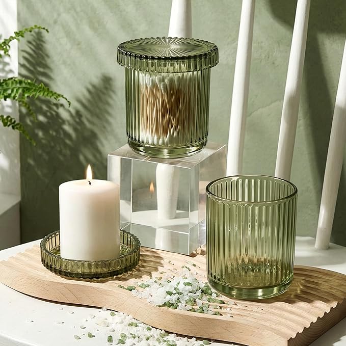 2 Pack Qtip Holder - Apothecary Jars with Lids, Bathroom Organizers and Storage Canister for Cotton Balls,Swabs,Floss Picks,Hair Ties,Clear Glass Vintage Bathroom Decor Jar Set (green2)