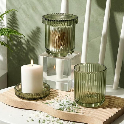 2 Pack Qtip Holder - Apothecary Jars with Lids, Bathroom Organizers and Storage Canister for Cotton Balls,Swabs,Floss Picks,Hair Ties,Clear Glass Vintage Bathroom Decor Jar Set (green2)