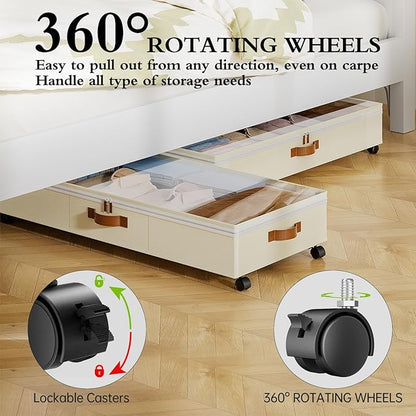 Yecaye Under Bed Storage with Wheels, 65L Under Bed Storage Containers with Adjustable Dividers & Clear Lid, Rolling Underbed Organizer Bins Drawer for Clothes, Shoes, Blankets, 2 Pack