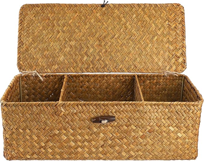 Hipiwe Seagrass Storage Basket Bin with Lid Rectangular Woven Shelf Baskets for Closets Pantry Bathroom Kitchen Shelf Organizing, Caramel,14.2" x 6.3''x 4.7''