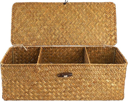 Hipiwe Seagrass Storage Basket Bin with Lid Rectangular Woven Shelf Baskets for Closets Pantry Bathroom Kitchen Shelf Organizing, Caramel,14.2" x 6.3''x 4.7''